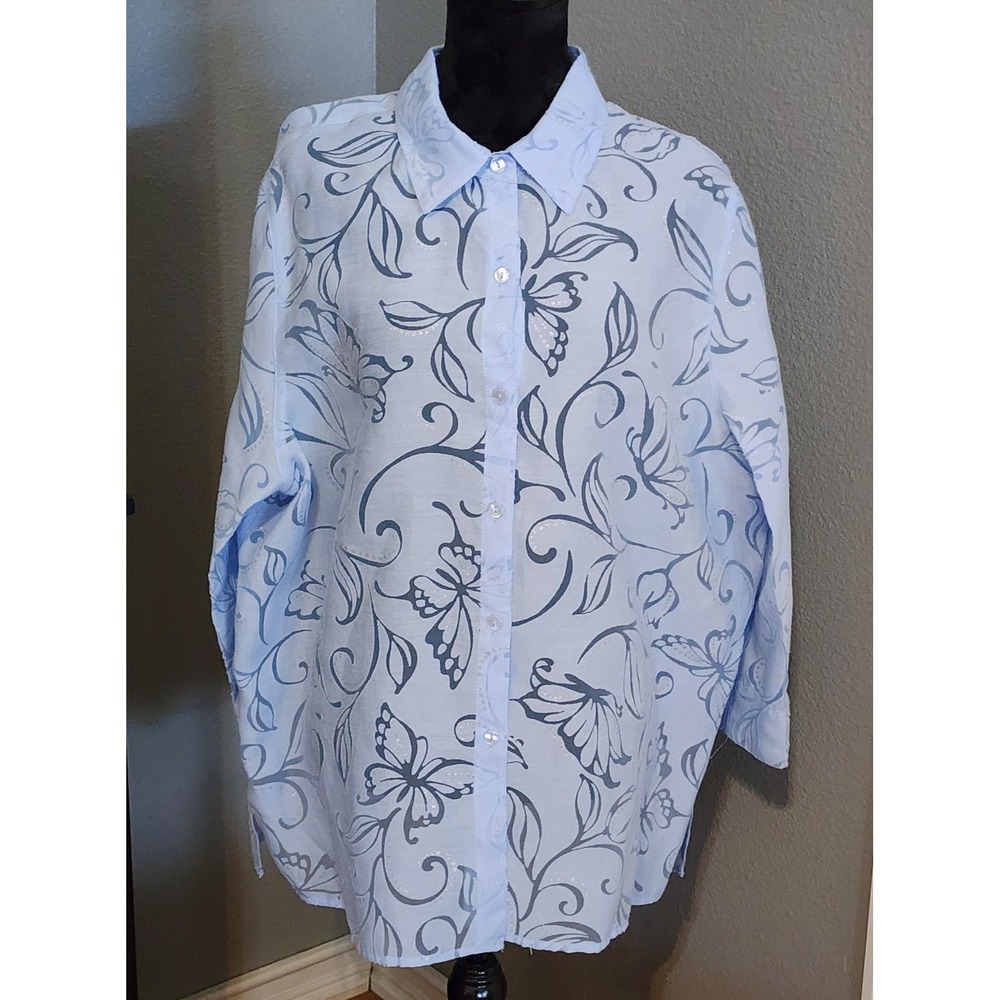 Alfred Dunner XL Sheer Floral Button Blouse Lightweight Cottagecore Classic